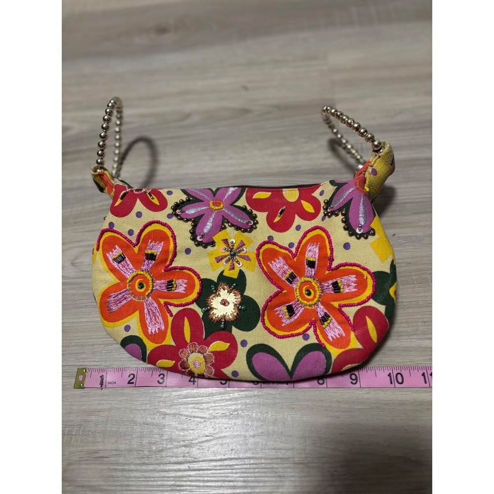 Floral Beaded‎ Canvas Handbag Silver Ball Chain Handle Embroidered Mini Bag